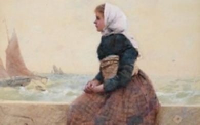 {} Hector Caffieri (1847-1932) ''Waiting'' Signed, watercolour, 33.5cm by 24cm...