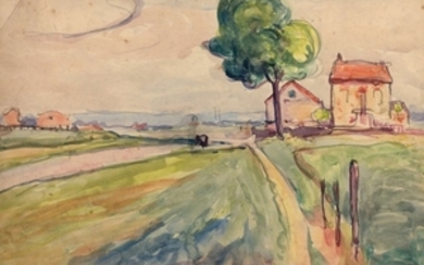Albert GLEIZES 1881- 1953 Champs, deux maisons et un arbre sur la droite - 1908