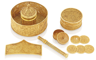 A GOLD FILIGREE INKWELL, NIB-HOLDER, AND TWO CIRCULAR BOXES, PROBABLY BATAVIA, JAVA, EARLY 19TH CENTURY