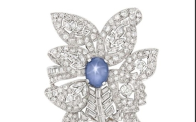 Platinum, Star Sapphire and Diamond Leaf Brooch, Seaman Schepps