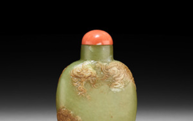 A YELLOW AND RUSSET JADE 'DRAGON AND LUOHAN' SNUFF BOTTLE