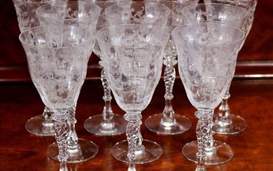 12 Fostoria long stem etched wine glasses