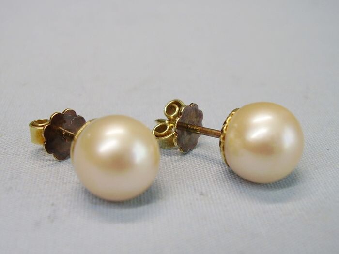 14 kt. Akoya pearls, Yellow gold, 9.0 mm to 9.2 mm - Earrings white cultured Akoya pearls