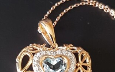 14 kt. Pink gold - Necklace with pendant - 1.15 ct aquamarine - Diamonds