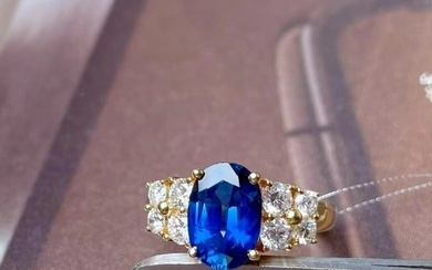 14K GOLD 3.16 CTW VIVID BLUE NATURAL SAPPHIRE & DIAMOND RING
