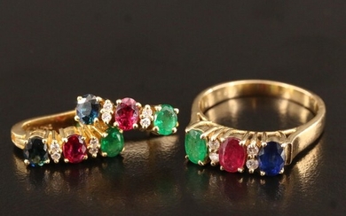 14K Ring and 18K Earrings with Sapphire, Emerald, Ruby and Diamonds