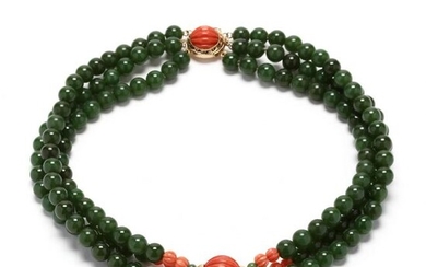 14KT Gold, Nephrite, and Coral Choker Necklace
