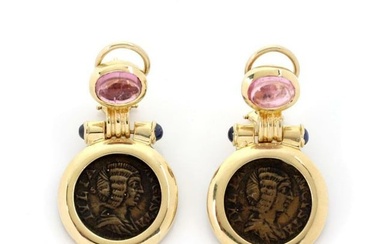 14k Yellow Gold 2.90ct Tourmaline Sapphire Coin Dangle Earrings