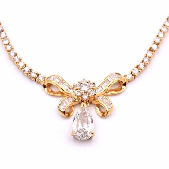 14k Yellow Gold Diamond Bow Necklace with Pear Diamond