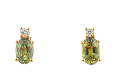 A pair of 18ct gold, green gem and diamond earrings.