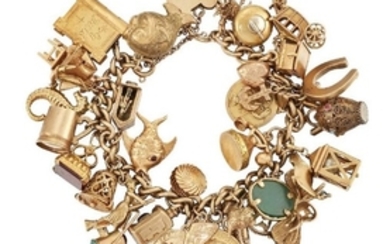 A 9ct. gold charm bracelet, of curb-link...
