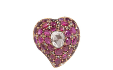 Antique Gold, Ruby, and Rose-cut Diamond "Witch's Heart" Brooch