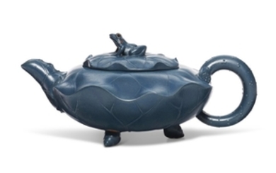 A BLUE LOTUS LEAF-FORM YIXING TEAPOT AND COVER, 'GREEN LOTUS FROG', JIANG RONG (1919-2008)