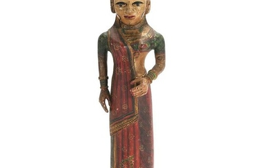 Carved Wood and Painted Indian Standing Female Statue.