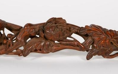Chinese Carved Boxwood Floral and Bird Ruyi