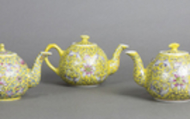 Chinese Yellow Ground Porcelain Teapots, Lotus