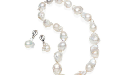 A cultured pearl necklace and pendent earrings