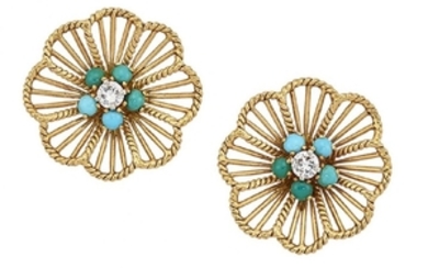 A pair of diamond and turquoise flowerhead...