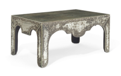 A DISTRESSED MIRRORED-GLASS COFFEE TABLE, MODERN
