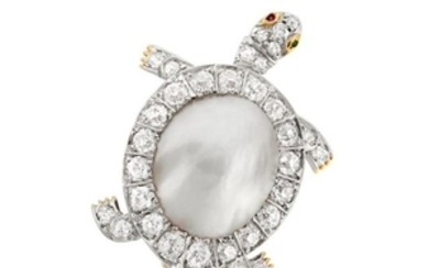 Edwardian Platinum-Topped Gold, Blister Pearl and Diamond Turtle Pin
