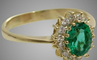 Emerald Diamond Halo Ring | 14K Yellow Gold | Vintage