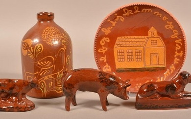 Five Various Pieces of Foltz Redware Pottery.