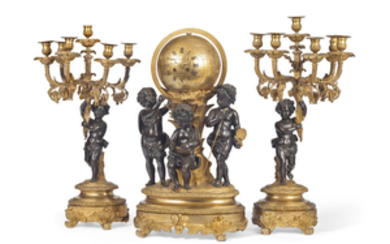 A FRENCH ORMOLU AND PATINATED BRONZE THREE-PIECE CLOCK GARNITURE, IN THE LOUIS XVI STYLE, THIRD QUARTER 19TH CENTURY