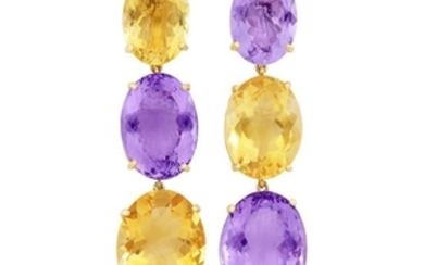 Pair of Gold, Citrine, Amethyst and Diamond Pendant-Earclips