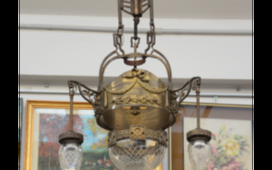 Lampadario in metallo a tre luci decorato a motivi vegetali e nastri, bocce in vetro (h cm 100)(difetti)