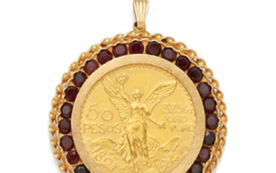 A Mexican Gold 50 Peso, Garnet and 14K gold pendant