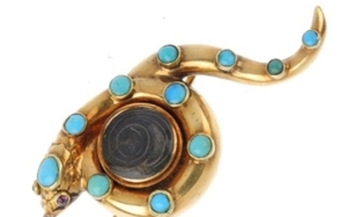 A mid Victorian 14ct gold turquoise snake memorial