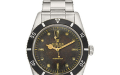 ROLEX. A RARE STAINLESS STEEL AUTOMATIC WRISTWATCH WITH SWEEP CENTRE SECONDS, BRACELET, BLANK GUARANTEE AND BOX, SIGNED ROLEX, OYSTER PERPETUAL, SUBMARINER, REF. 6205, CASE NO. 85’889, CIRCA 1954