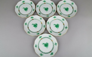 Set of Six Herend Chinese Bouquet Green Dessert Plates