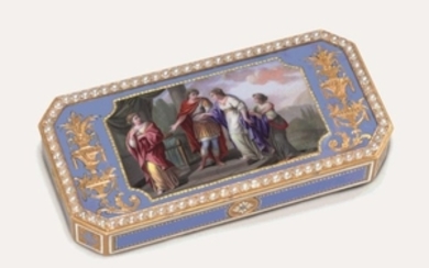 A SWISS JEWELLED ENAMELLED GOLD SNUFF-BOX, MAKER'S MARK B & H, GENEVA, CIRCA 1820