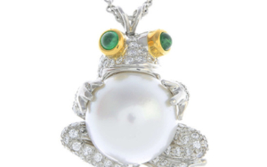 TIFFANY & CO. - a cultured pearl, diamond and emerald frog pendant.