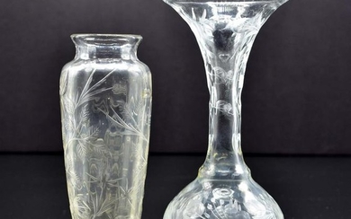 TWO VICTORIAN ENGRAVED COLORLESS GLASS BUD VASES