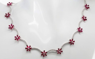 15.72ctw Natural Rubies and Diamonds - IGI Report - 18 kt. White gold - Necklace Rubies