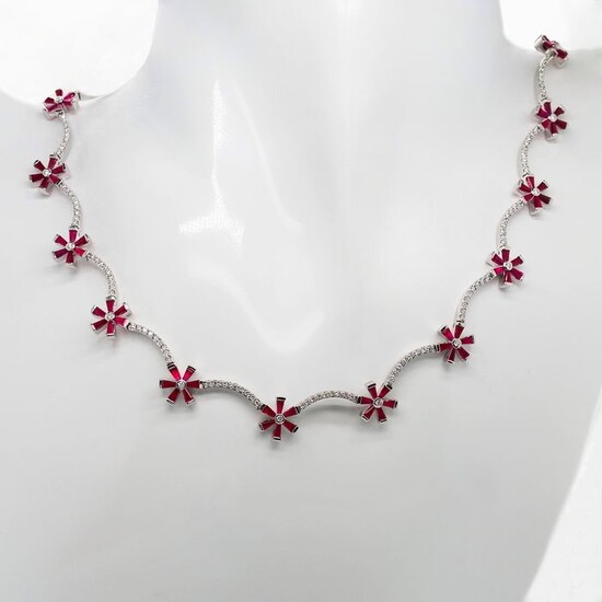 15.72ctw Natural Rubies and Diamonds - IGI Report - 18 kt. White gold - Necklace Rubies