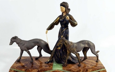 Art Deco Sculpture Lady With Two Dogs