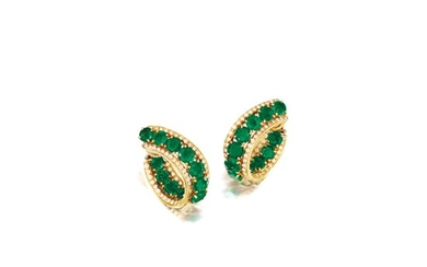 Pair of Emerald and Diamond Ear Clips, Harry Winston