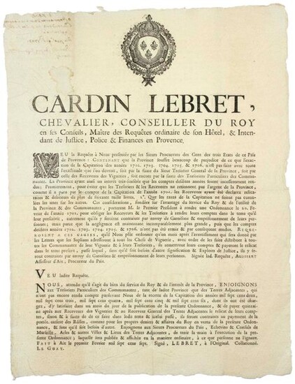 1707. PROVENCE "CARDIN LEBRET, Knight, King's Counsellor,... & Intendant in Provence" (Heading, Vignette & Lettrine). Order made at AIX (13) on February 1, 1707, on the request of the Public Prosecutors of the People of the three States of this...