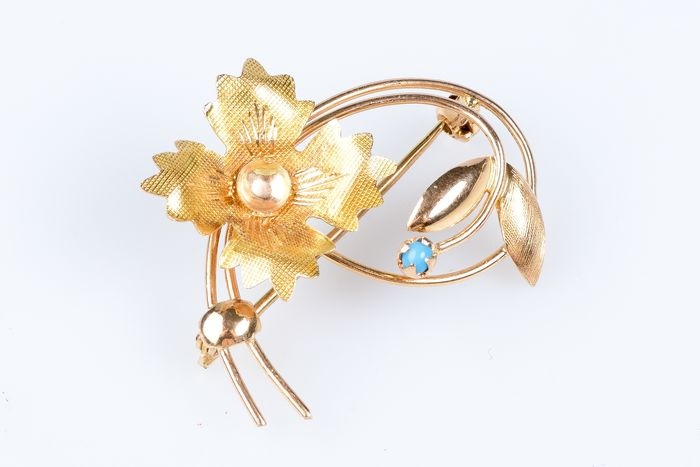 18 kt. Pink gold, Yellow gold - Brooch - 0.02 ct Turquoise