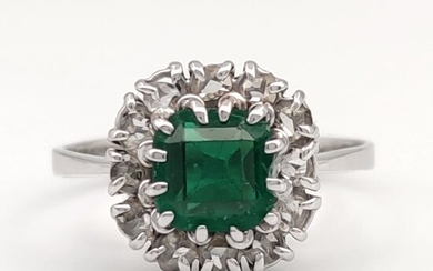 18 kt. White gold - Ring - 0.24 ct Diamonds - Ct 1.25 Emerald