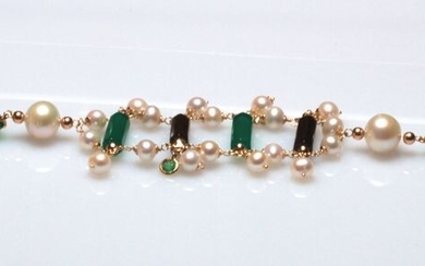 18 kt. Yellow gold - Bracelet - Emerald, Pearls, Onyx, Chalcedony