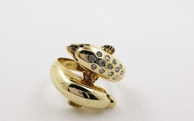 18 kt. Yellow gold - Ring, dolphin - 0.25 ct Diamond - Sapphire