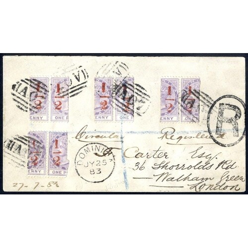 1883 reg envelope sent to London, franked four pairs of ½d S...