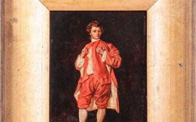 18th century British School, Portrait of a young Newton with apple, oil on board, 16 cm x 12 cm, fra