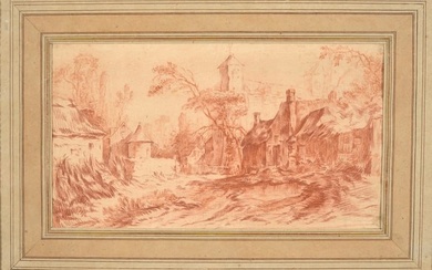 18th century French old master red chalk drawing of a village landscape. Old label on reverse with