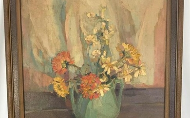 1920's Oil on Canvas Depicting a Vase Full of Flowers