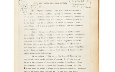 1932 ORIGINAL TRANSCRIPT OF CALVIN COOLIDGE - SETTLING THE WAR DEBTS, Signed Important Archive